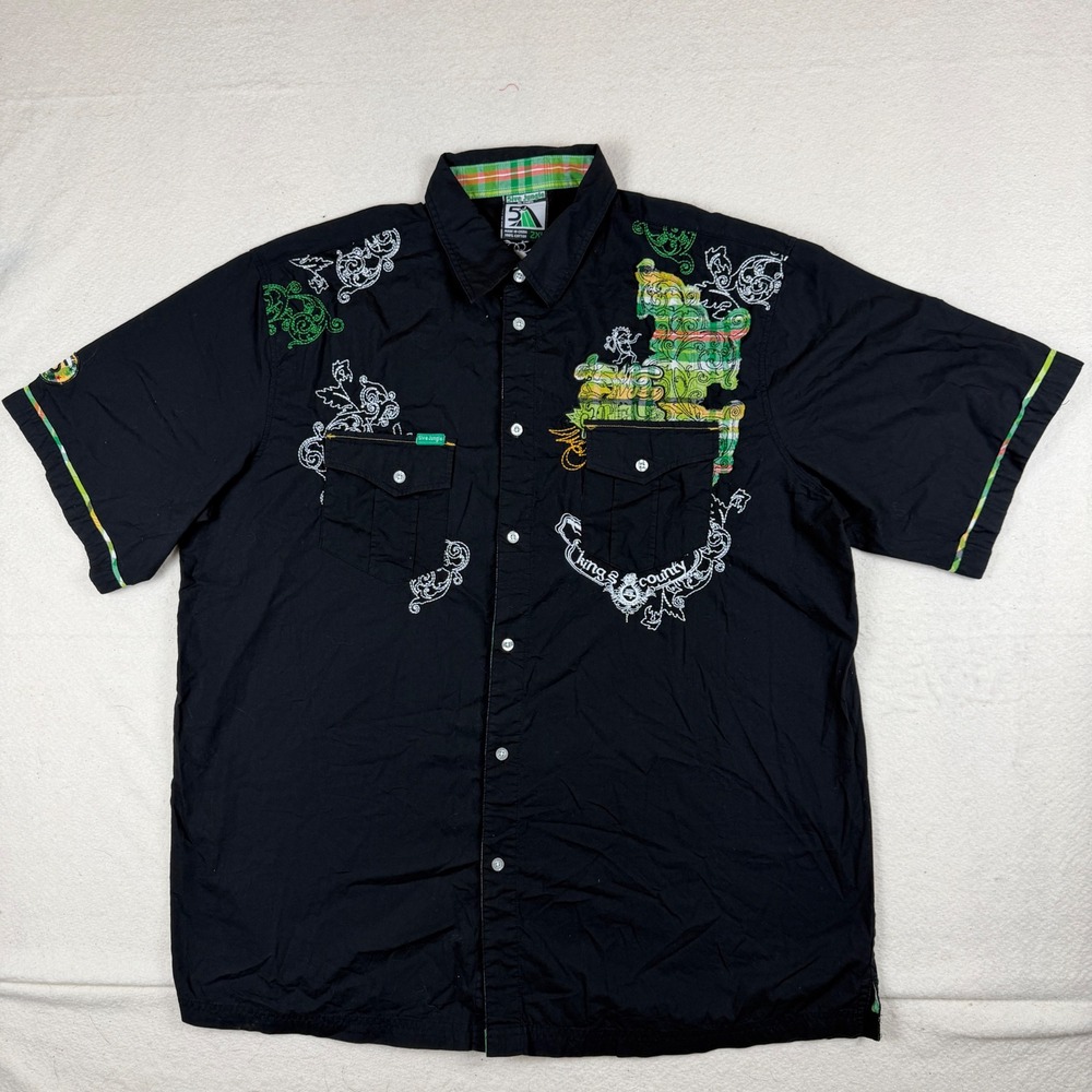 5ive Jungle Mens 2XL Black Embroidered‎ Plaid Kings County Button Down Shirt Y2K